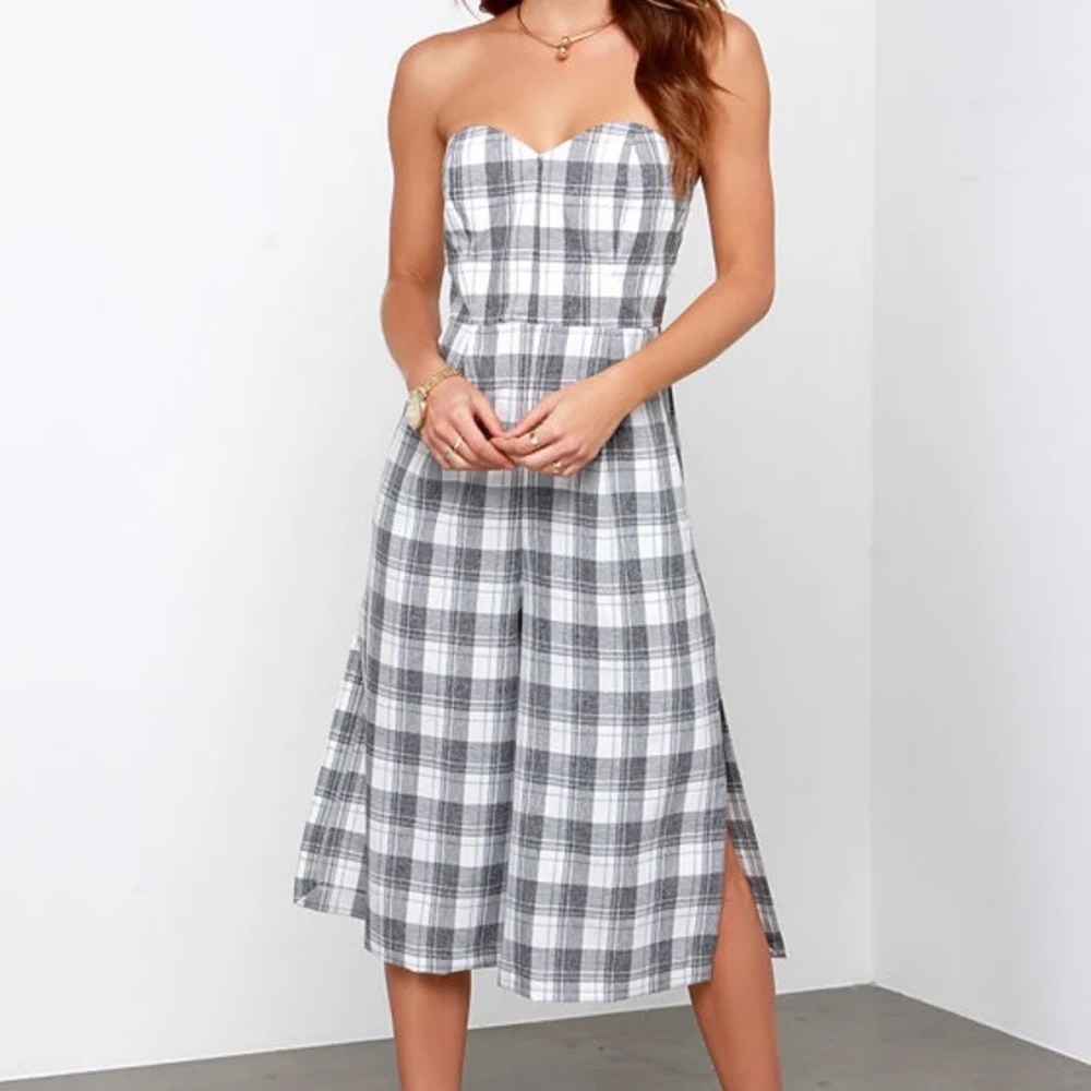 Lulu’s Print-cess Chic Grey Plaid Strapless Midi Jumpsuit
